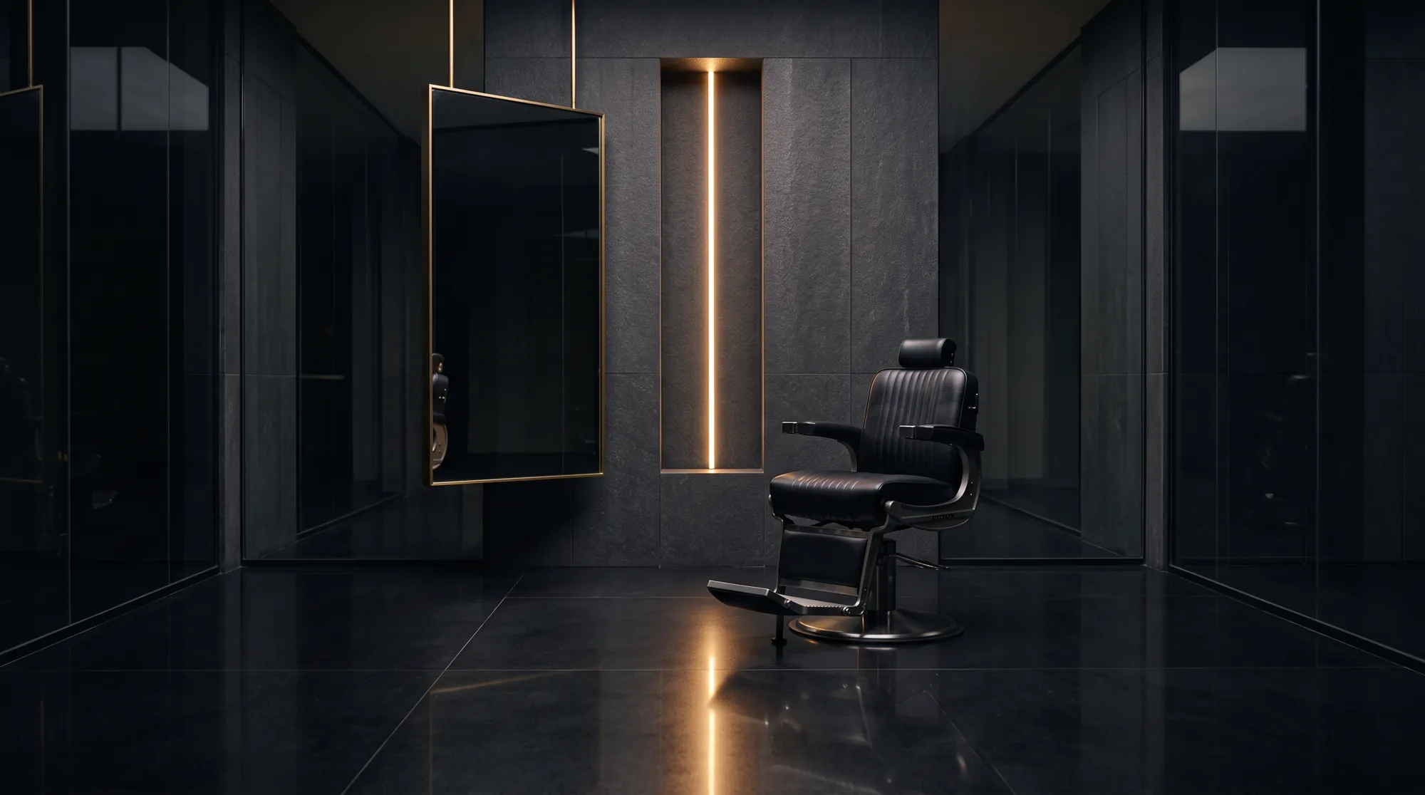 A single black leather barber chair in a dark stone room lit by a vertical warm light strip