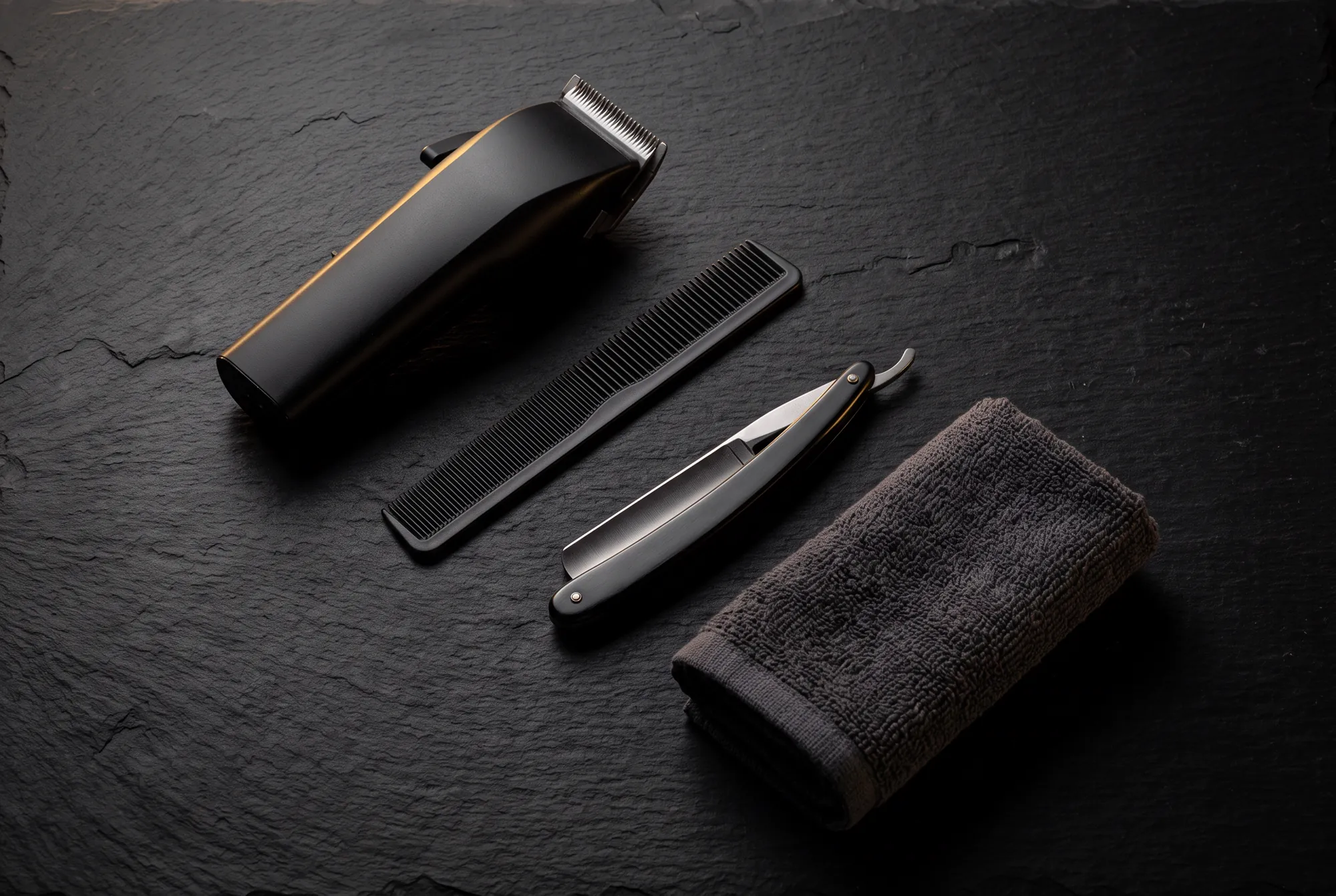 Clipper, comb, folding razor and hot towel aligned on black slate