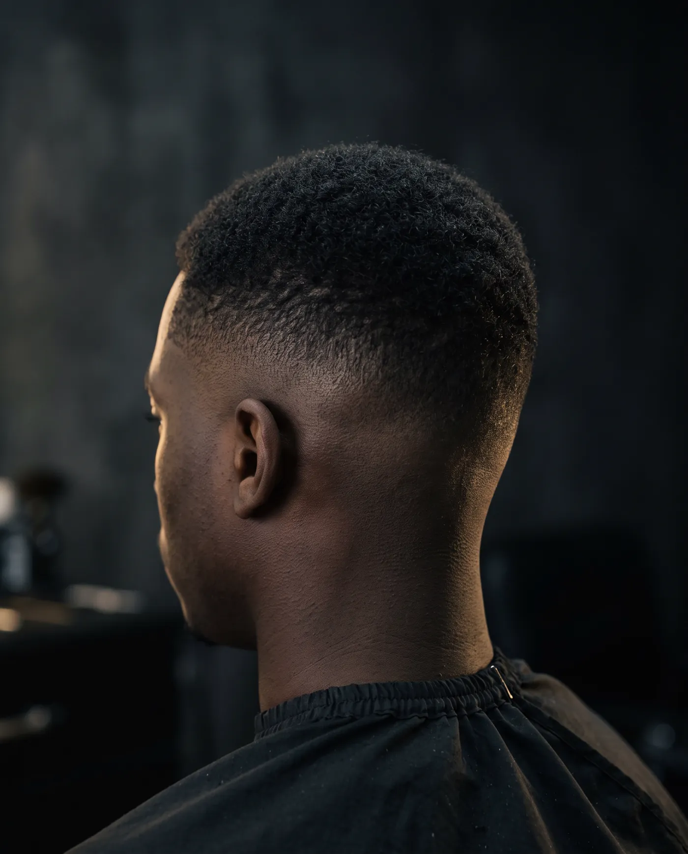 Back of a man's head with a seamless skin fade under warm rim light